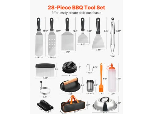 28PCS Griddle Accessories Kit, Flat Top Grill Accessory, Enlarged Spatula Gift Set, Stainless Steel Grilling Tools with Basting Cover, Tong, Burger Press, Carry Bag, for Outdoor BBQ Teppanyaki