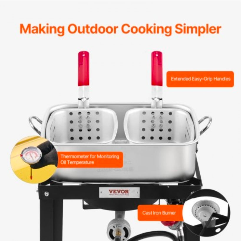 18 Qt Fish and Wing Fryer with Double Basket, Aluminum Propane Fish Fryer Kit, Outdoor Deep Fryer Seafood Pot with Thermometer and 58,000 BTUs Propane Burners, for Outdoor and Backyard Cooking