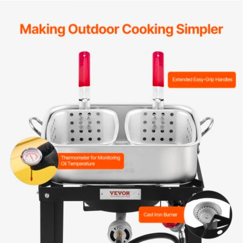 18 Qt Fish and Wing Fryer with Double Basket, Aluminum Propane Fish Fryer Kit, Outdoor Deep Fryer Seafood Pot with Thermometer and 58,000 BTUs Propane Burners, for Outdoor and Backyard Cooking