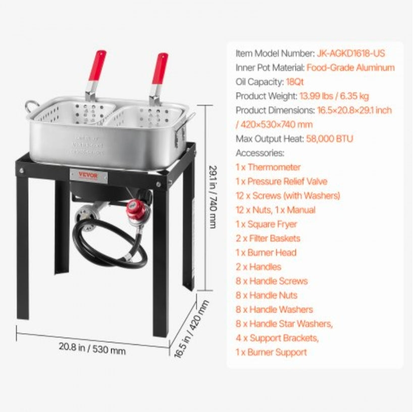 18 Qt Fish and Wing Fryer with Double Basket, Aluminum Propane Fish Fryer Kit, Outdoor Deep Fryer Seafood Pot with Thermometer and 58,000 BTUs Propane Burners, for Outdoor and Backyard Cooking