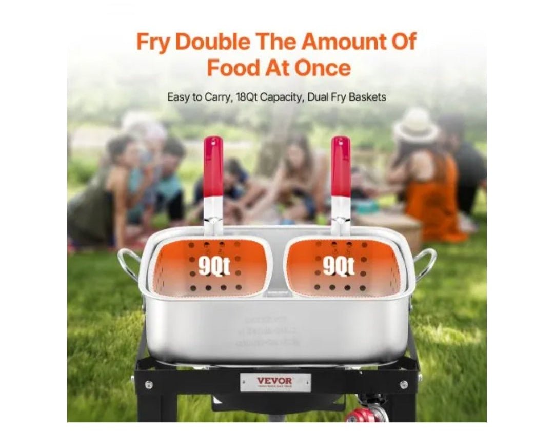18 Qt Fish and Wing Fryer with Double Basket, Aluminum Propane Fish Fryer Kit, Outdoor Deep Fryer Seafood Pot with Thermometer and 58,000 BTUs Propane Burners, for Outdoor and Backyard Cooking