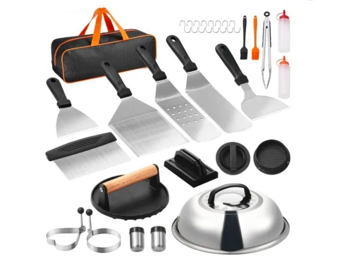 28PCS Griddle Accessories Kit, Flat Top Grill Accessory, Enlarged Spatula Gift Set, Stainless Steel Grilling Tools with Basting Cover, Tong, Burger Press, Carry Bag, for Outdoor BBQ Teppanyaki